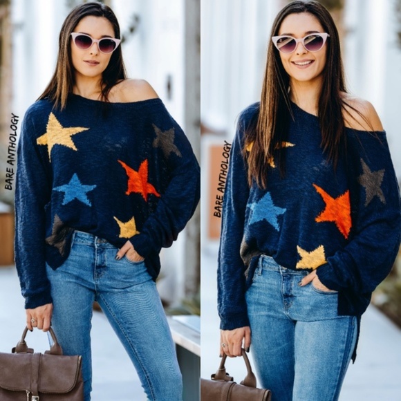 #22 Cozy Star Print Oversized Knit Sweater Top - Picture 2 of 2
